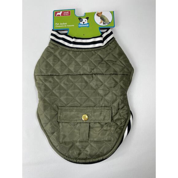 Fetchwear Olive Quilted Insulated Jacket Pocket Striped Trim for Dogs NEW Small - Picture 1 of 9